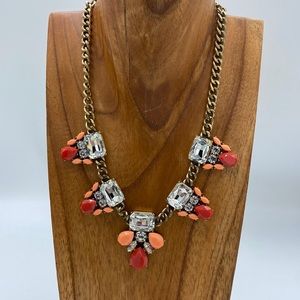 J Crew Coral Red Pink Peach Clear Gem Jewelled Gold-Tone Chain Link Necklace